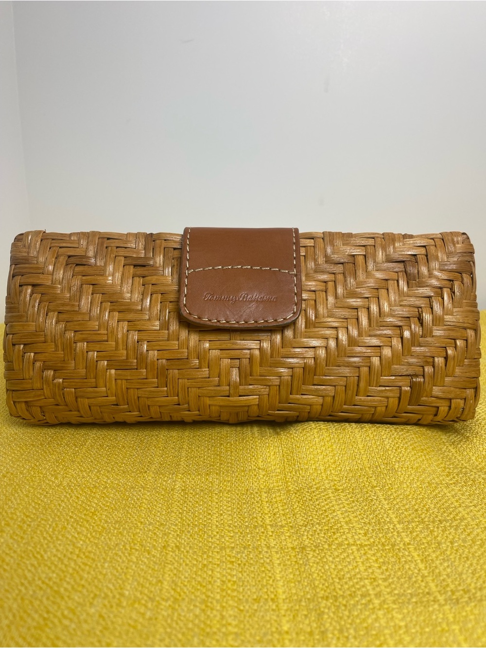 Tommy Bahama Woven Straw Clutch with Brown Leather Snap